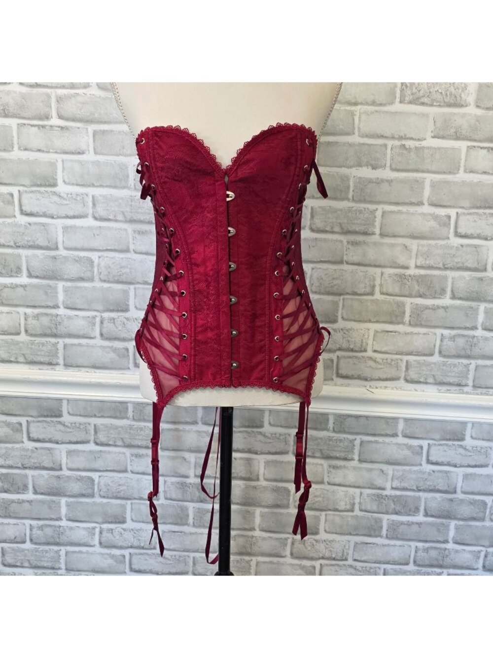 Adore Me Burgundy Red Lace Satin Chiffon Corset Bustier Coquette Burlesque L